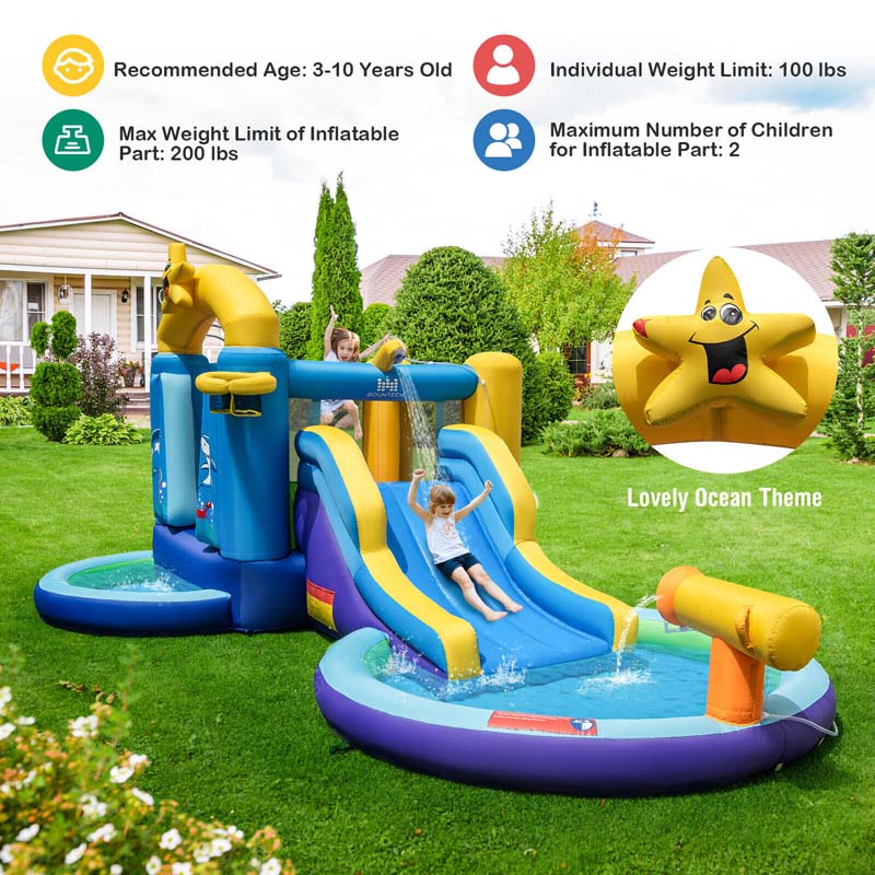 Inflatable Water Slide with Ball Pit, Splash Pool & 735W Blower, Ocean Themed Bounce House Water Park for Kids Ages 3-10 Outdoor Backyard Gifts