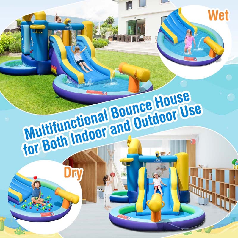 Inflatable Water Slide with Ball Pit, Splash Pool & 735W Blower, Ocean Themed Bounce House Water Park for Kids Ages 3-10 Outdoor Backyard Gifts