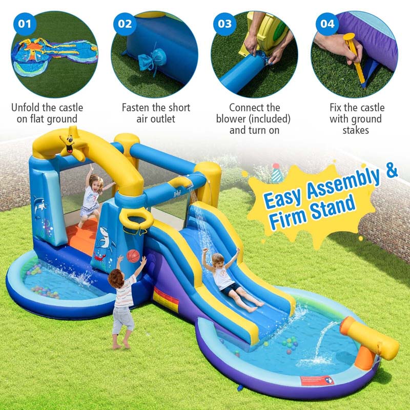 Inflatable Water Slide with Ball Pit, Splash Pool & 735W Blower, Ocean Themed Bounce House Water Park for Kids Ages 3-10 Outdoor Backyard Gifts