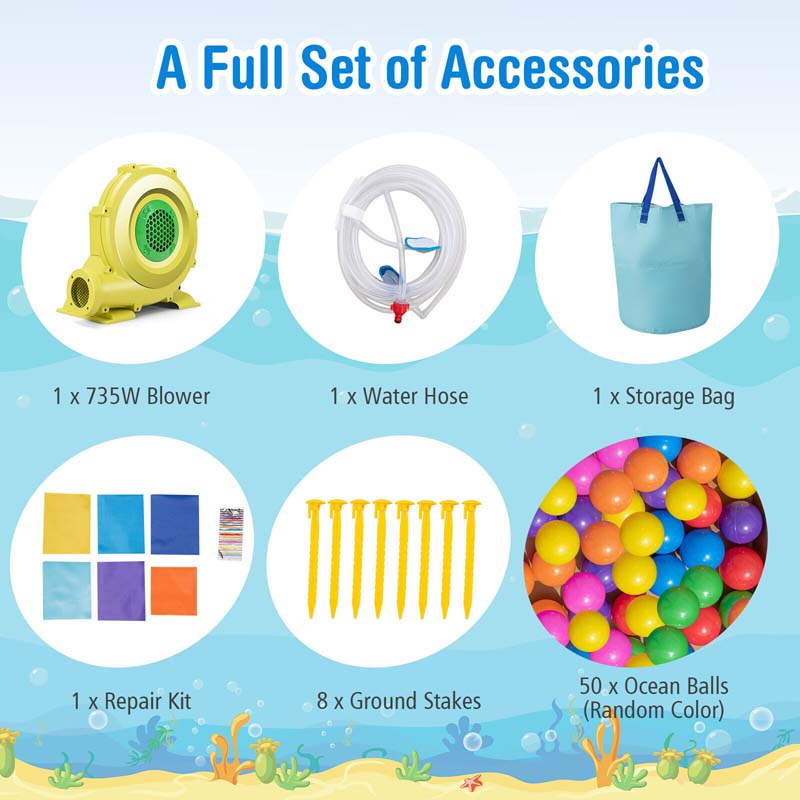 Inflatable Water Slide with Ball Pit, Splash Pool & 735W Blower, Ocean Themed Bounce House Water Park for Kids Ages 3-10 Outdoor Backyard Gifts