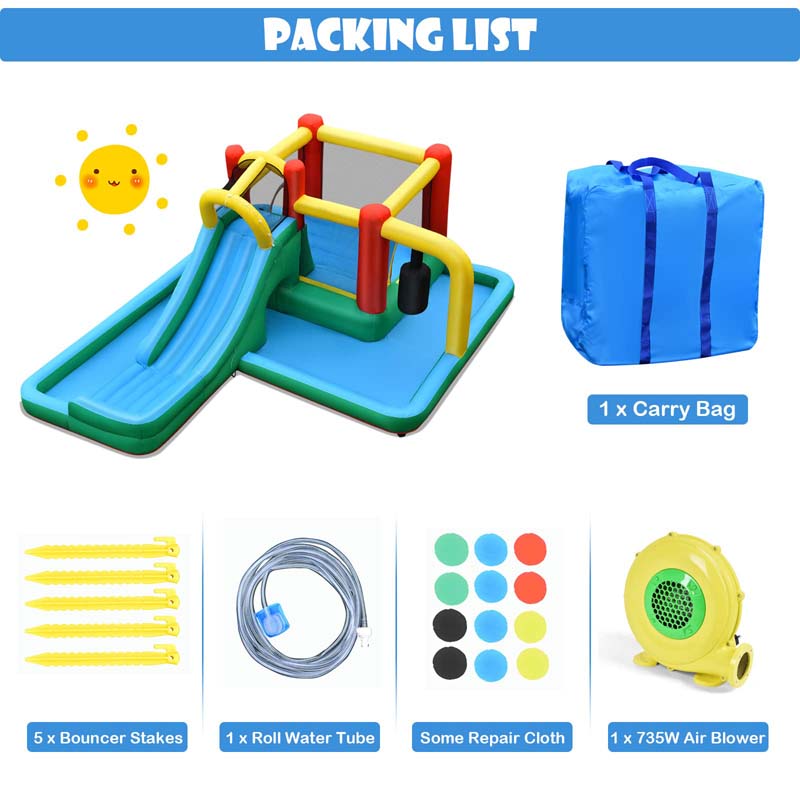 6-in-1 Inflatable Water Slide with 735W Blower, Outdoor Giant Jumping Bounce House Water Park w/Splash Pool, Pendulum