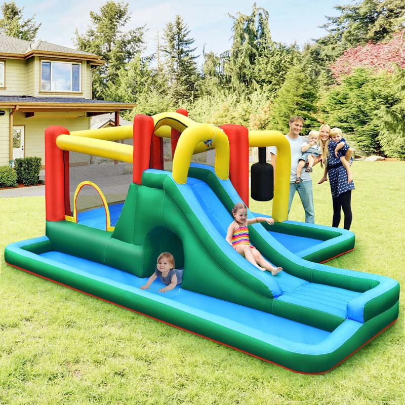 6-in-1 Inflatable Water Slide with 735W Blower, Outdoor Giant Jumping Bounce House Water Park w/Splash Pool, Pendulum