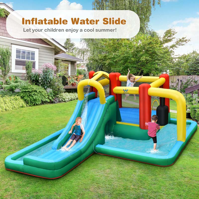 6-in-1 Inflatable Water Slide with 735W Blower, Outdoor Giant Jumping Bounce House Water Park w/Splash Pool, Pendulum