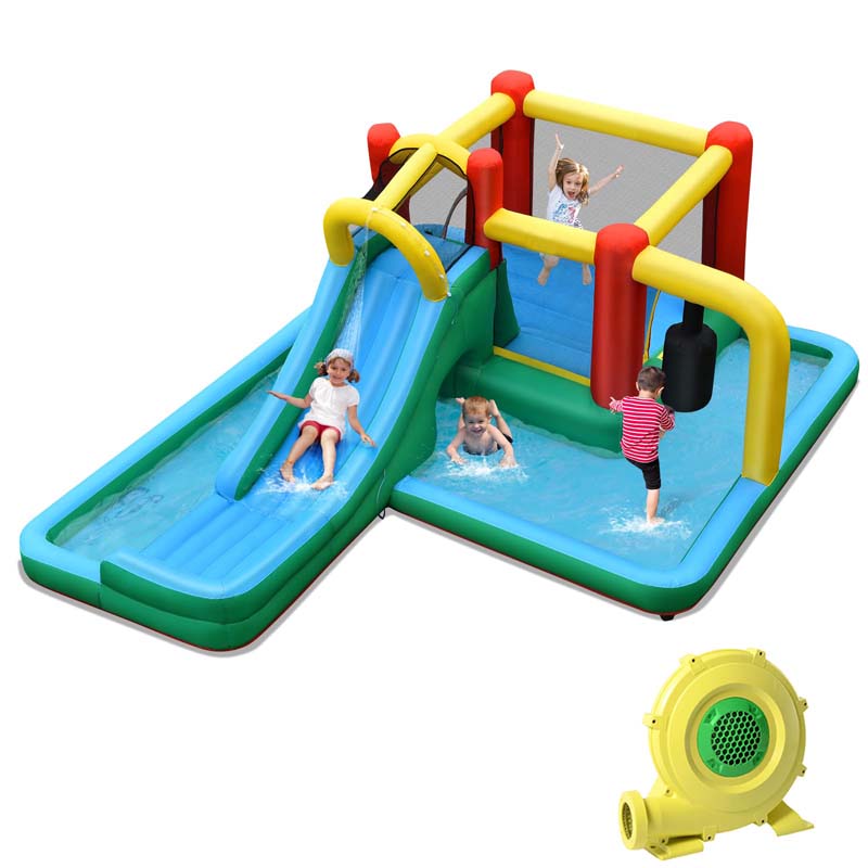 6-in-1 Inflatable Water Slide with 735W Blower, Outdoor Giant Jumping Bounce House Water Park w/Splash Pool, Pendulum