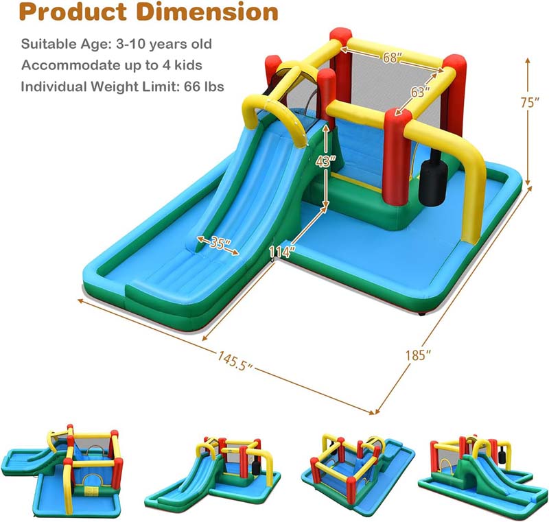6-in-1 Inflatable Water Slide with 735W Blower, Outdoor Giant Jumping Bounce House Water Park w/Splash Pool, Pendulum