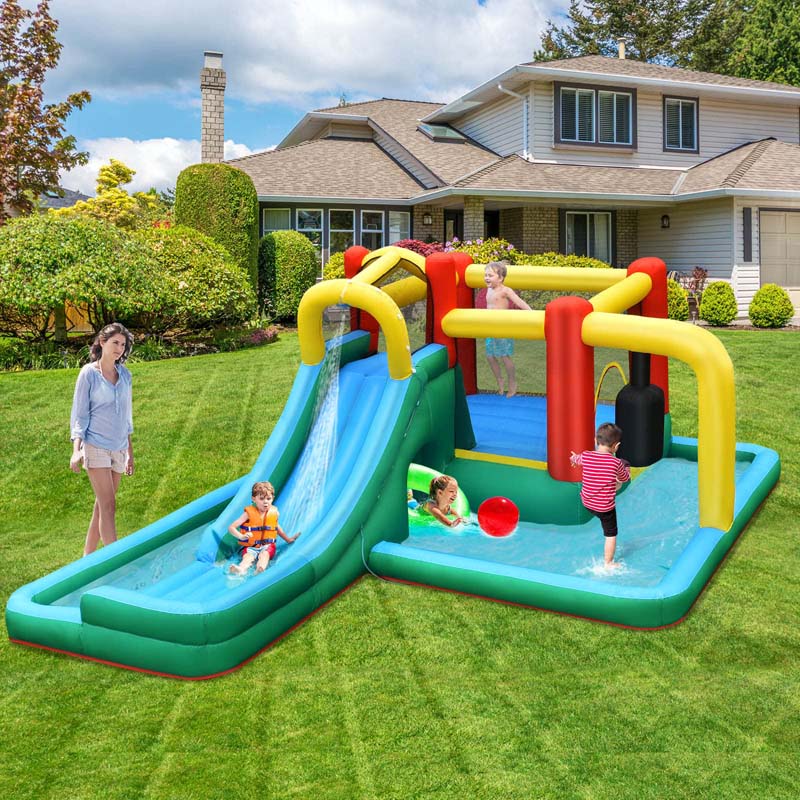 6-in-1 Inflatable Water Slide with 735W Blower, Outdoor Giant Jumping Bounce House Water Park w/Splash Pool, Pendulum