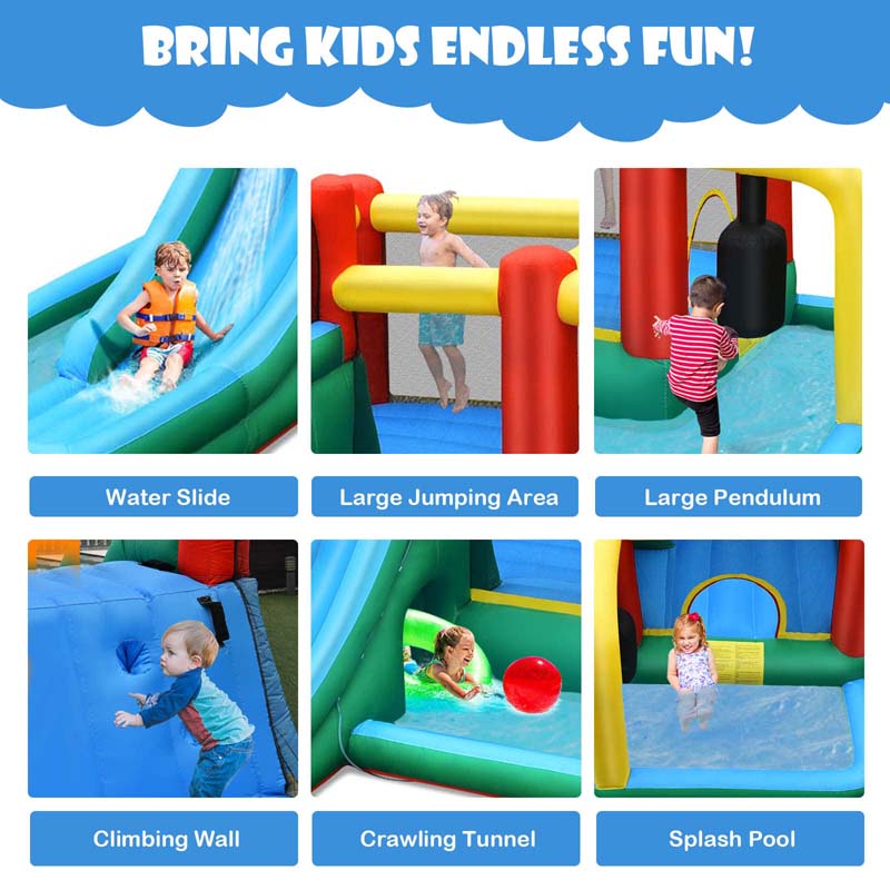 6-in-1 Inflatable Water Slide with 735W Blower, Outdoor Giant Jumping Bounce House Water Park w/Splash Pool, Pendulum
