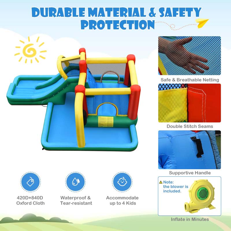 6-in-1 Inflatable Water Slide with 735W Blower, Outdoor Giant Jumping Bounce House Water Park w/Splash Pool, Pendulum