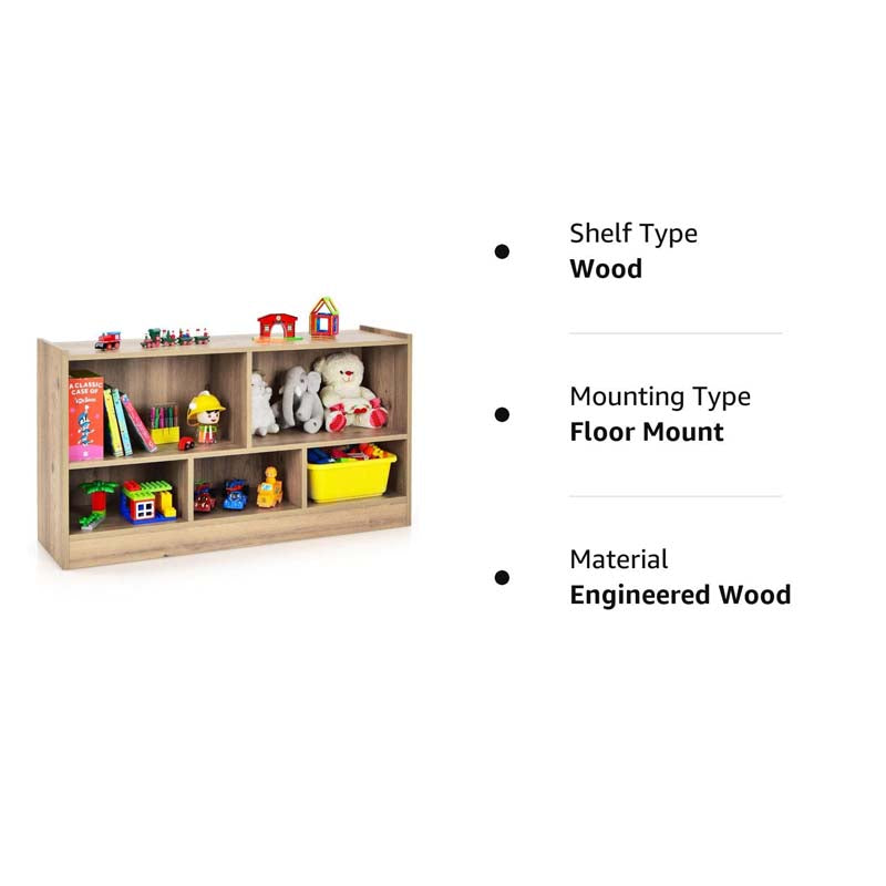 Kids 2-Shelf Wooden Bookcase, 5-Cube Toy Storage Organizer for Playroom, Classroom & Home, Multipurpose Daycare Montessori Bookshelf for Books Toys