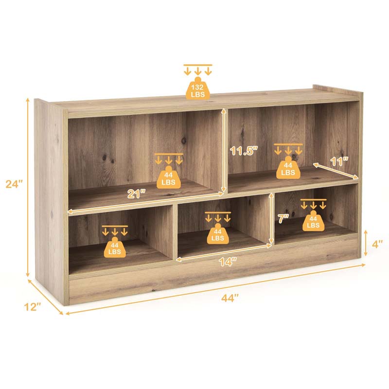 Kids 2-Shelf Wooden Bookcase, 5-Cube Toy Storage Organizer for Playroom, Classroom & Home, Multipurpose Daycare Montessori Bookshelf for Books Toys