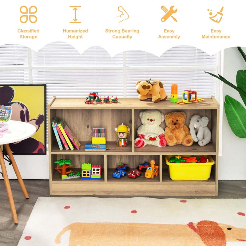 Kids 2-Shelf Wooden Bookcase, 5-Cube Toy Storage Organizer for Playroom, Classroom & Home, Multipurpose Daycare Montessori Bookshelf for Books Toys