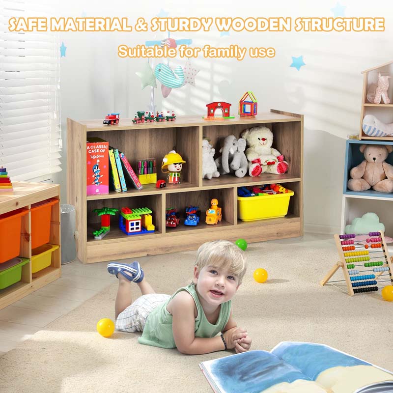 Kids 2-Shelf Wooden Bookcase, 5-Cube Toy Storage Organizer for Playroom, Classroom & Home, Multipurpose Daycare Montessori Bookshelf for Books Toys