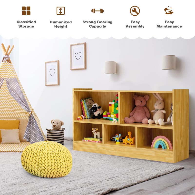 Kids 2-Shelf Wooden Bookcase, 5-Cube Toy Storage Organizer for Playroom, Classroom & Home, Multipurpose Daycare Montessori Bookshelf for Books Toys