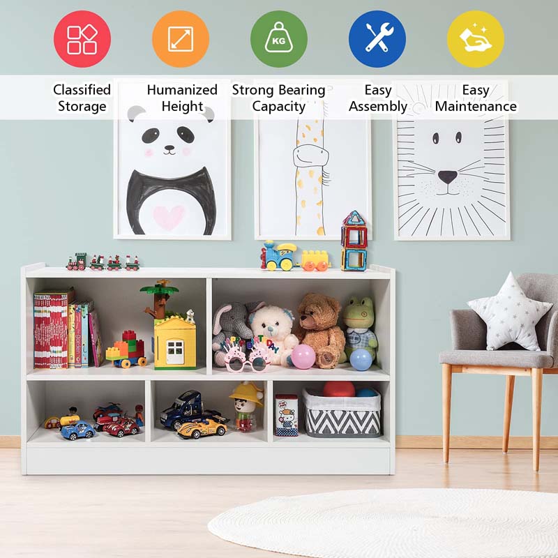 Kids 2-Shelf Wooden Bookcase, 5-Cube Toy Storage Organizer for Playroom, Classroom & Home, Multipurpose Daycare Montessori Bookshelf for Books Toys