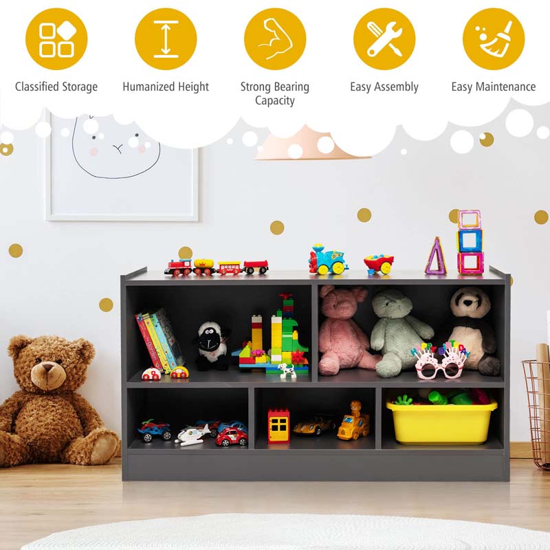 Kids 2-Shelf Wooden Bookcase, 5-Cube Toy Storage Organizer for Playroom, Classroom & Home, Multipurpose Daycare Montessori Bookshelf for Books Toys