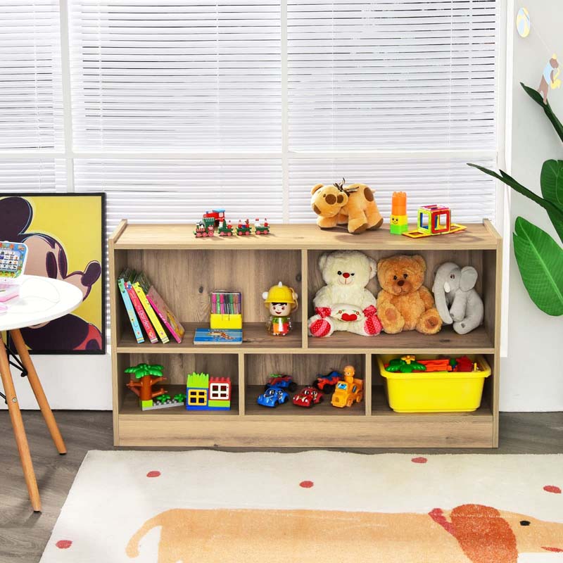 Kids 2-Shelf Wooden Bookcase, 5-Cube Toy Storage Organizer for Playroom, Classroom & Home, Multipurpose Daycare Montessori Bookshelf for Books Toys