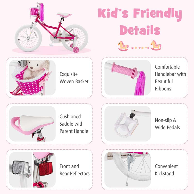18" Kids Bike with Removable Training Wheels, Adjustable Seat, Steel Frame & Brake, Kids Bicycle for 4-9 Years Old Toddler Girls Boys