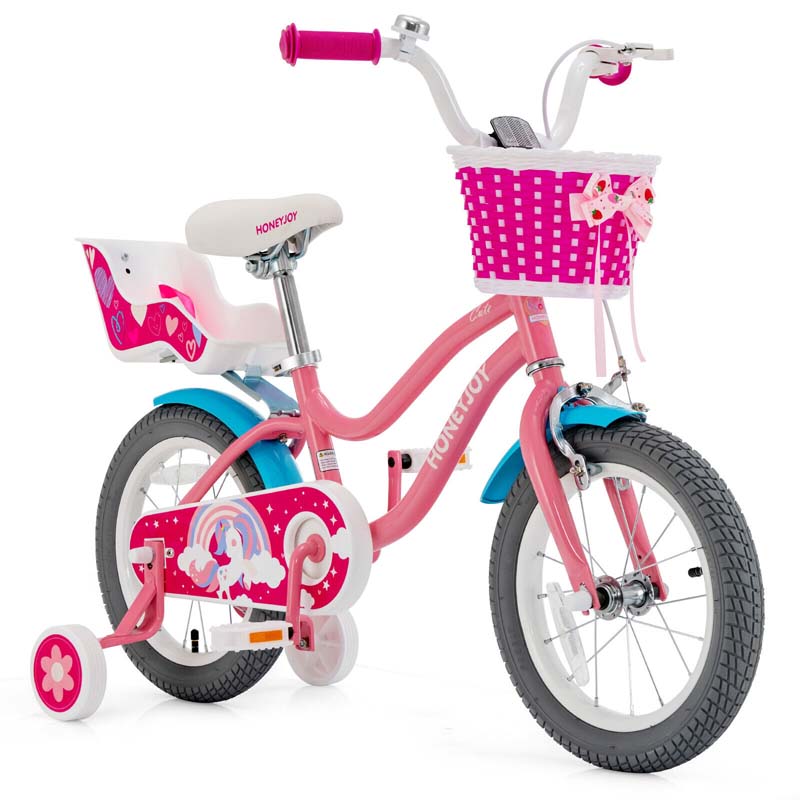 14"/18" Kids Bicycle with Removable Training Wheels, Coaster Brake, Handbrake, Basket & Doll Chair, Toddler Girls & Boys Bike for Age 3-9