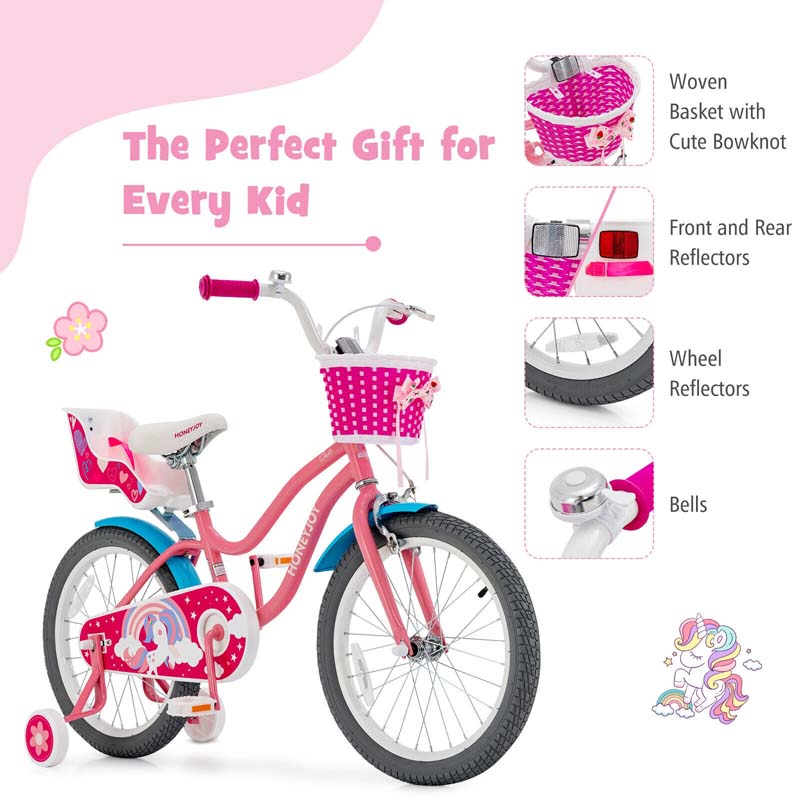 14"/18" Kids Bicycle with Removable Training Wheels, Coaster Brake, Handbrake, Basket & Doll Chair, Toddler Girls & Boys Bike for Age 3-9