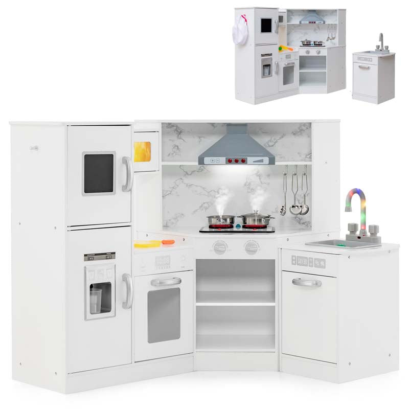Corner Kids Kitchen Playset, Wooden Pretend Play Kitchen with Microwave, Washing Basin, Real Lights & Sounds for Toddlers 3+