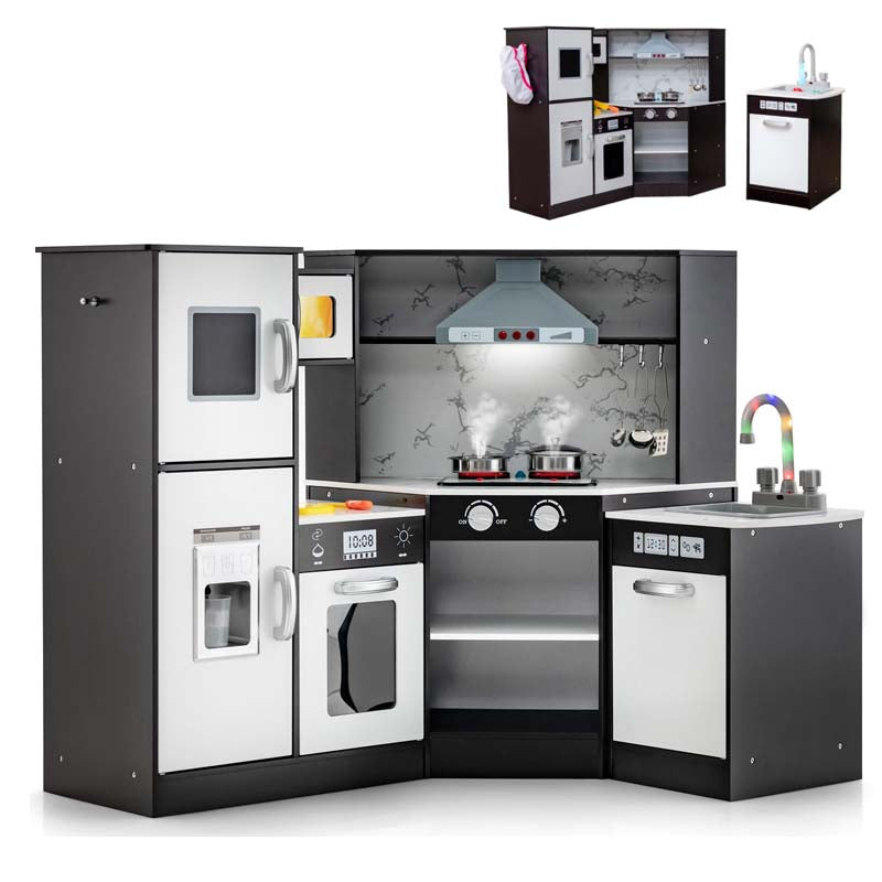 Corner Kids Kitchen Playset, Wooden Pretend Play Kitchen with Microwave, Washing Basin, Real Lights & Sounds for Toddlers 3+