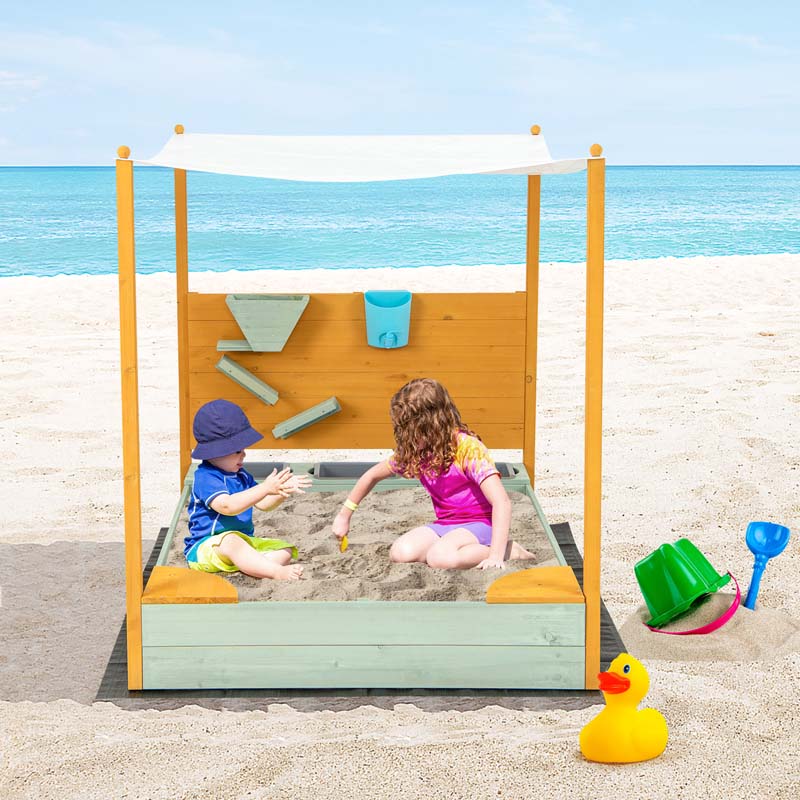 Wooden Kids Sandbox with Removable Canopy & Sand Wall, Cedar Bottomless Kids Sand Pit for Outdoor Backyard