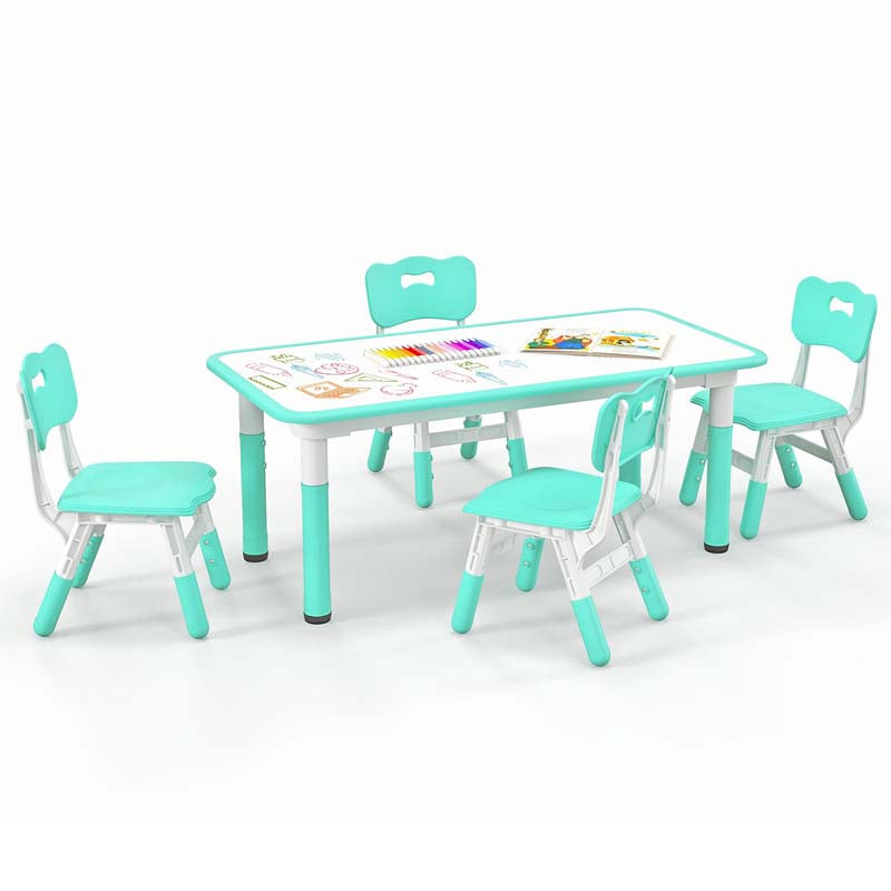 Kids Table and 4 Chairs Set, Height Adjustable Toddler Art Activity Desk with 4 Seats & Graffiti Desktop for Home, Daycare & Playroom