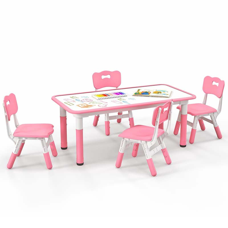 Kids Table and 4 Chairs Set, Height Adjustable Toddler Art Activity Desk with 4 Seats & Graffiti Desktop for Home, Daycare & Playroom