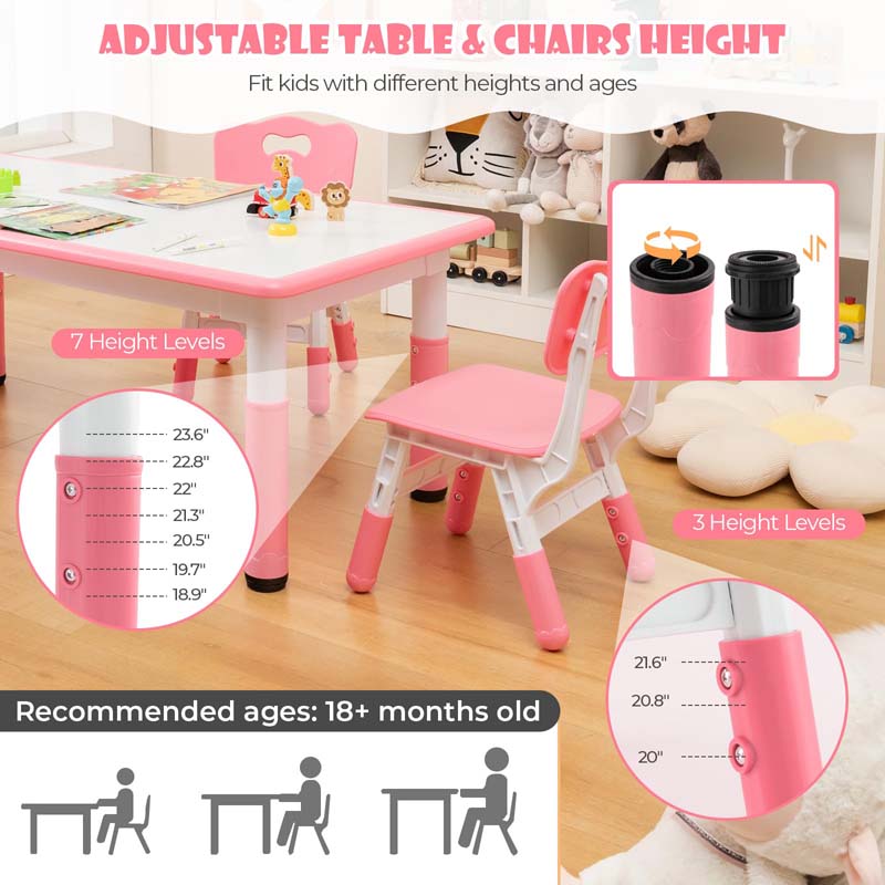 Kids Table and 4 Chairs Set, Height Adjustable Toddler Art Activity Desk with 4 Seats & Graffiti Desktop for Home, Daycare & Playroom