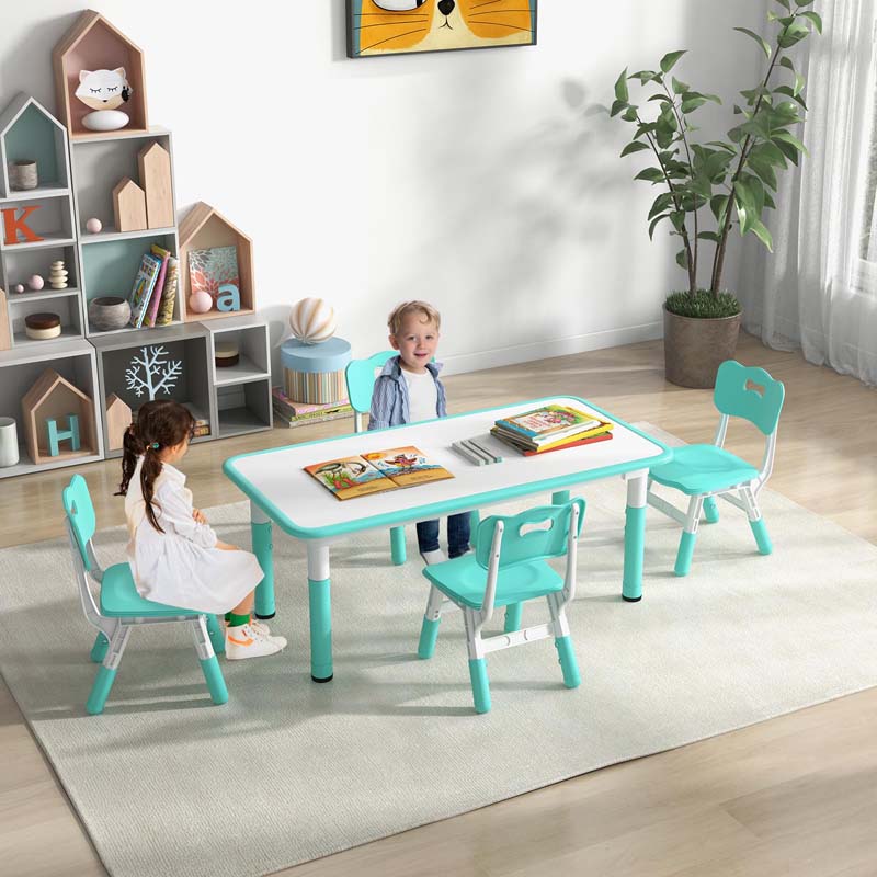 Kids Table and 4 Chairs Set, Height Adjustable Toddler Art Activity Desk with 4 Seats & Graffiti Desktop for Home, Daycare & Playroom