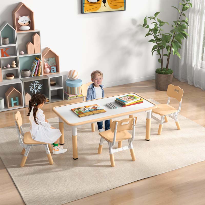 Kids Table and 4 Chairs Set, Height Adjustable Toddler Art Activity Desk with 4 Seats & Graffiti Desktop for Home, Daycare & Playroom