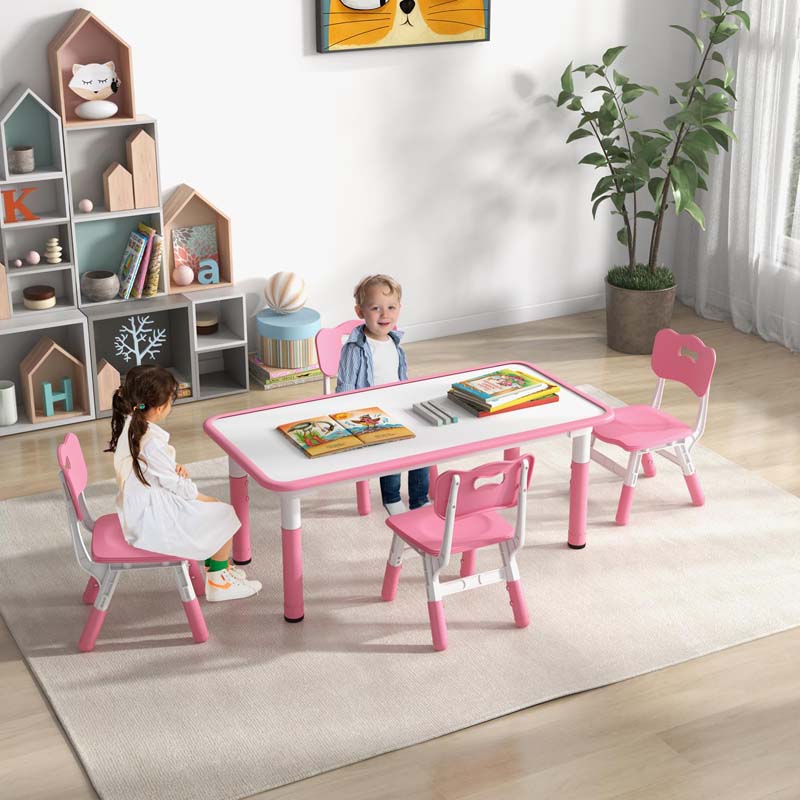 Kids Table and 4 Chairs Set, Height Adjustable Toddler Art Activity Desk with 4 Seats & Graffiti Desktop for Home, Daycare & Playroom