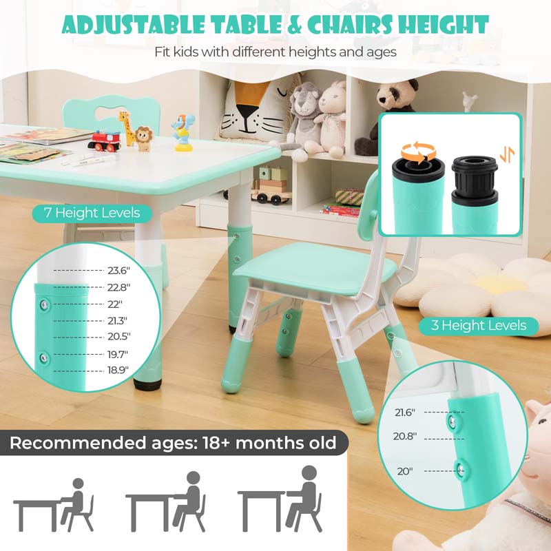 Kids Table and 4 Chairs Set, Height Adjustable Toddler Art Activity Desk with 4 Seats & Graffiti Desktop for Home, Daycare & Playroom
