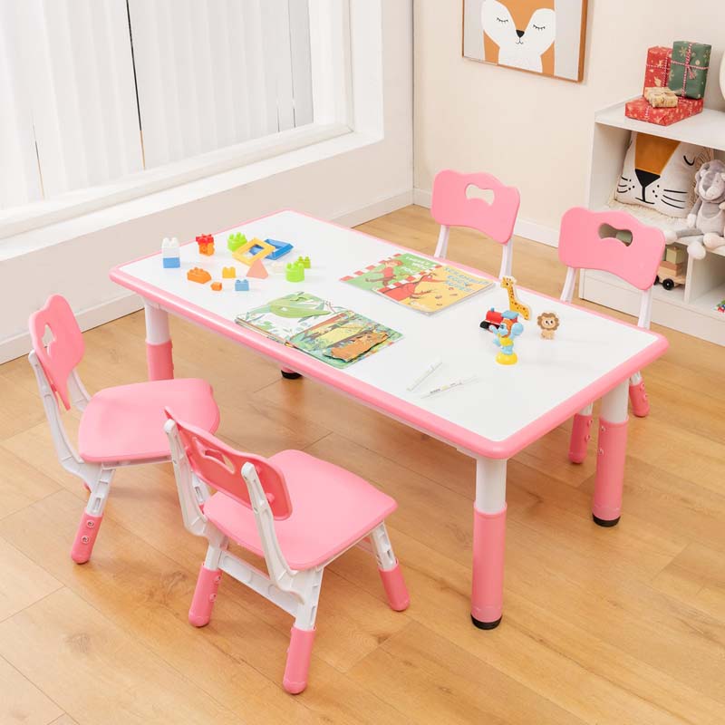 Kids Table and 4 Chairs Set, Height Adjustable Toddler Art Activity Desk with 4 Seats & Graffiti Desktop for Home, Daycare & Playroom