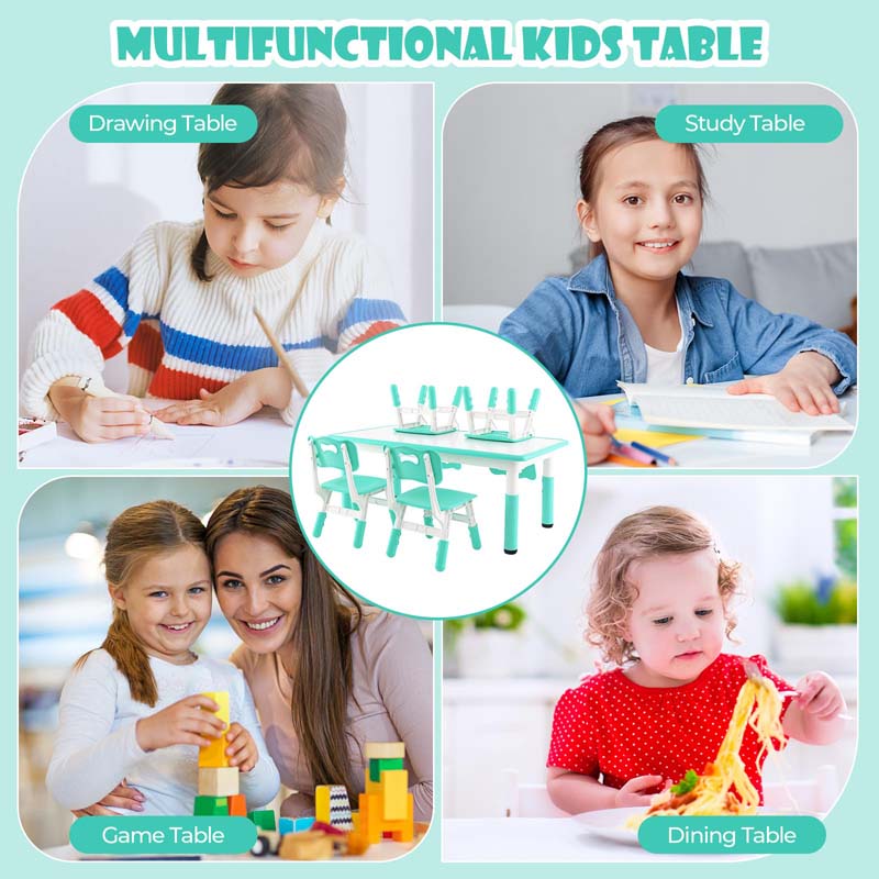 Kids Table and 4 Chairs Set, Height Adjustable Toddler Art Activity Desk with 4 Seats & Graffiti Desktop for Home, Daycare & Playroom
