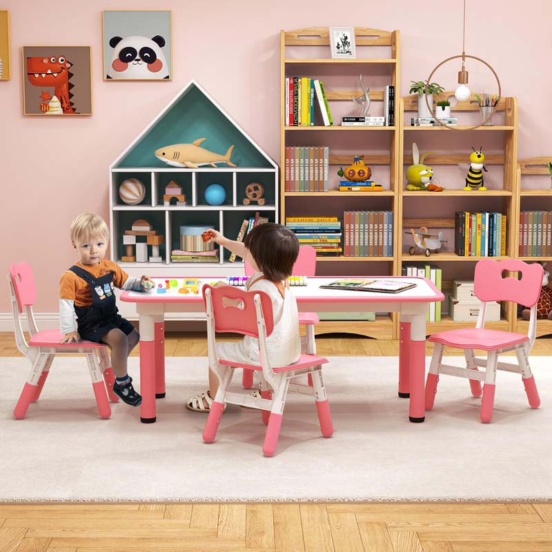 Kids Table and 4 Chairs Set, Height Adjustable Toddler Art Activity Desk with 4 Seats & Graffiti Desktop for Home, Daycare & Playroom