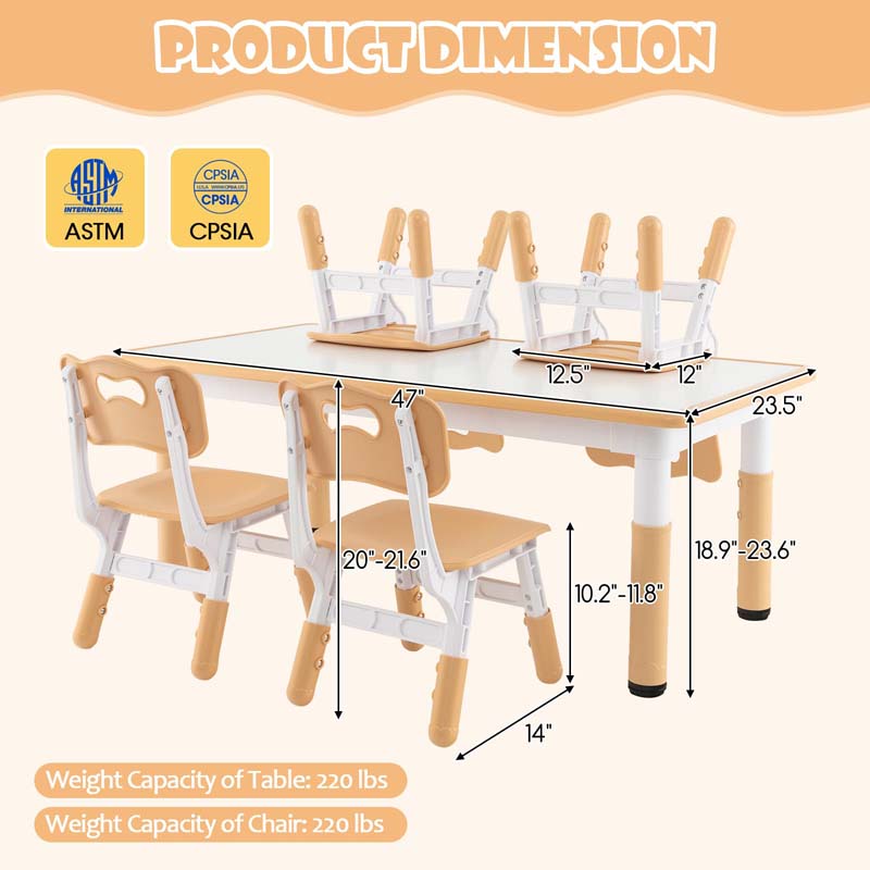 Kids Table and 4 Chairs Set, Height Adjustable Toddler Art Activity Desk with 4 Seats & Graffiti Desktop for Home, Daycare & Playroom