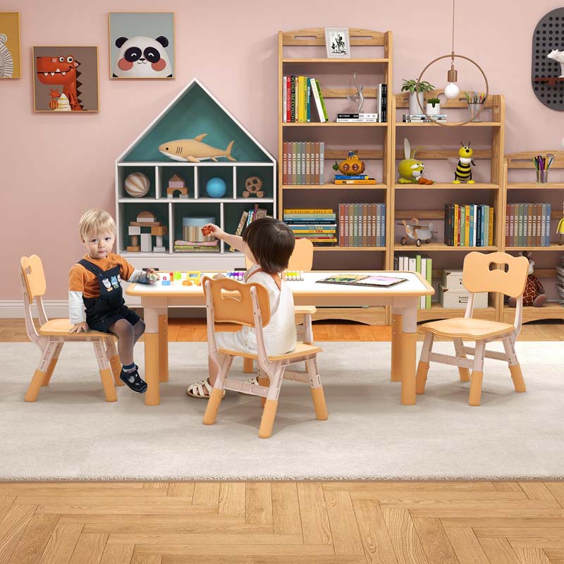 Kids Table and 4 Chairs Set, Height Adjustable Toddler Art Activity Desk with 4 Seats & Graffiti Desktop for Home, Daycare & Playroom