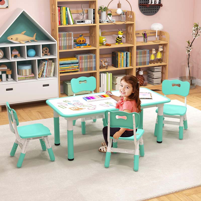 Kids Table and 4 Chairs Set, Height Adjustable Toddler Art Activity Desk with 4 Seats & Graffiti Desktop for Home, Daycare & Playroom