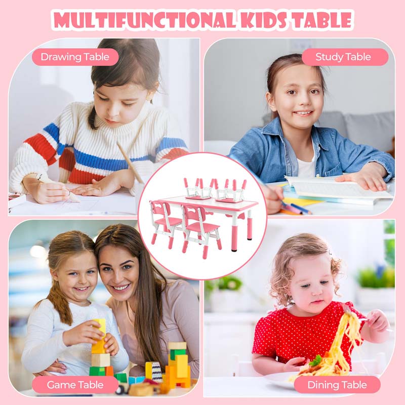 Kids Table and 4 Chairs Set, Height Adjustable Toddler Art Activity Desk with 4 Seats & Graffiti Desktop for Home, Daycare & Playroom