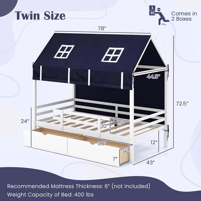 Twin House Bed with Storage Drawers & Dustproof Tent, Solid Wood Montessori Bed Frame with House Roof & Rails for Boys Girls Teens