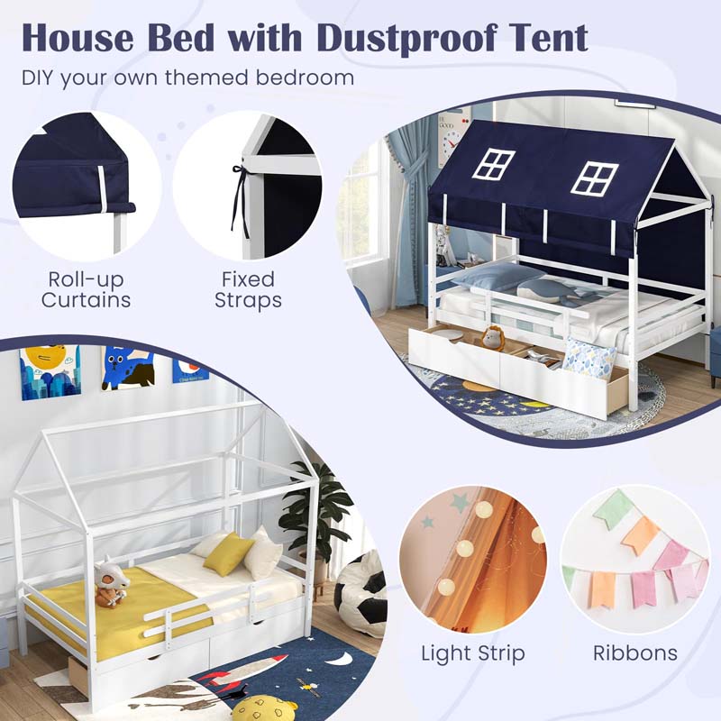Twin House Bed with Storage Drawers & Dustproof Tent, Solid Wood Montessori Bed Frame with House Roof & Rails for Boys Girls Teens