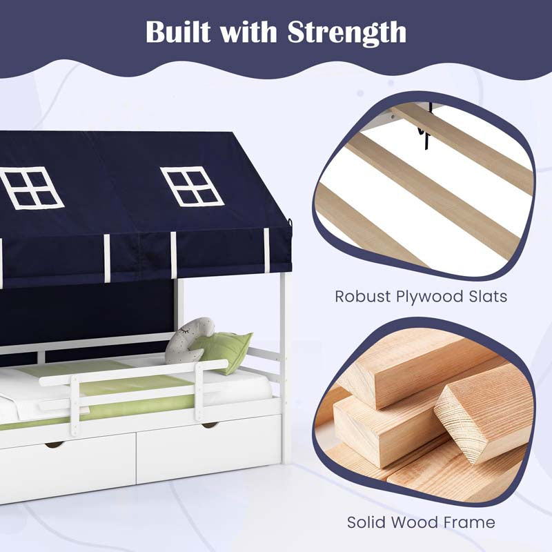Twin House Bed with Storage Drawers & Dustproof Tent, Solid Wood Montessori Bed Frame with House Roof & Rails for Boys Girls Teens