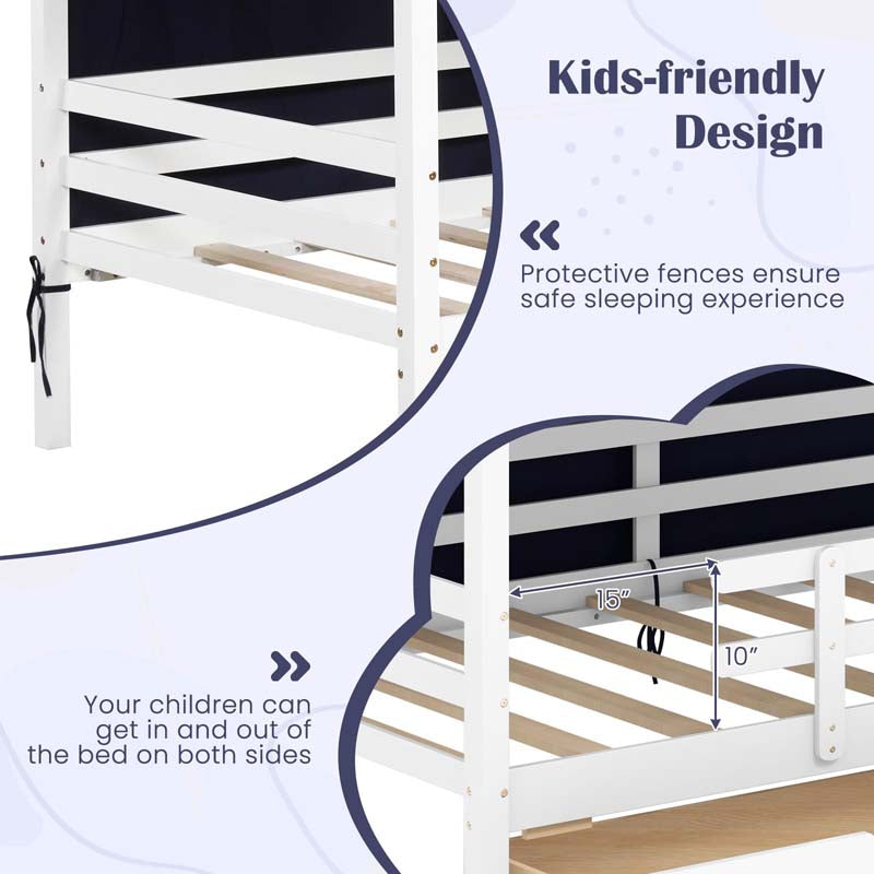 Twin House Bed with Storage Drawers & Dustproof Tent, Solid Wood Montessori Bed Frame with House Roof & Rails for Boys Girls Teens