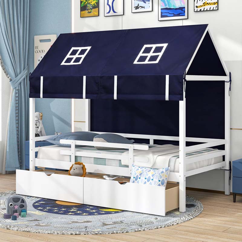 Twin House Bed with Storage Drawers & Dustproof Tent, Solid Wood Montessori Bed Frame with House Roof & Rails for Boys Girls Teens