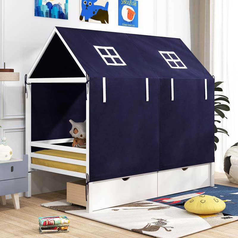 Twin House Bed with Storage Drawers & Dustproof Tent, Solid Wood Montessori Bed Frame with House Roof & Rails for Boys Girls Teens