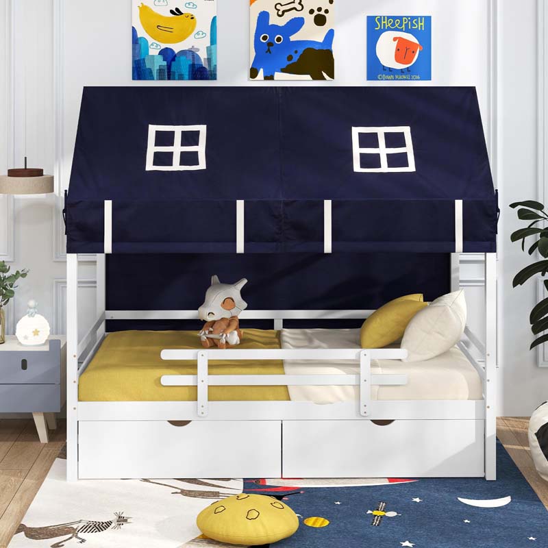 Twin House Bed with Storage Drawers & Dustproof Tent, Solid Wood Montessori Bed Frame with House Roof & Rails for Boys Girls Teens
