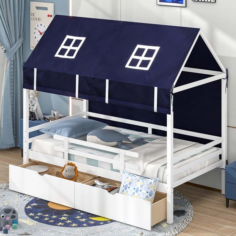 Twin House Bed with Storage Drawers & Dustproof Tent, Solid Wood Montessori Bed Frame with House Roof & Rails for Boys Girls Teens