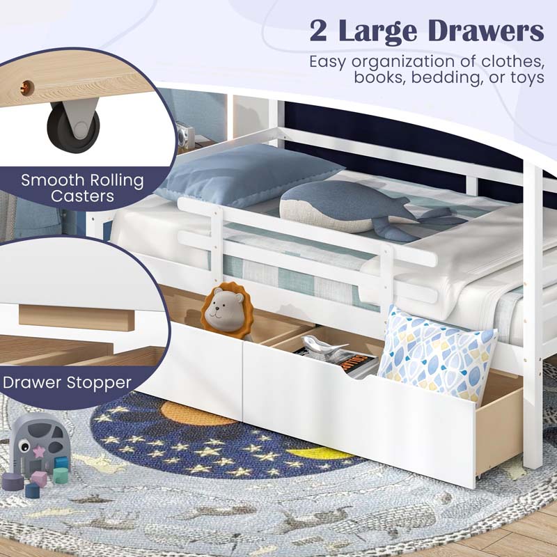 Twin House Bed with Storage Drawers & Dustproof Tent, Solid Wood Montessori Bed Frame with House Roof & Rails for Boys Girls Teens