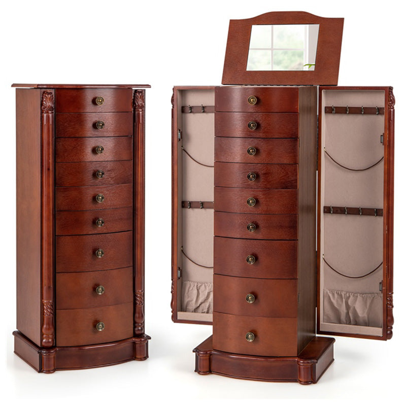 Dark Walnut Large Standing Jewelry Armoire Cabinet with 8 Drawers & 2 Swing Doors, 16 Hooks, Top Mirror Boxes